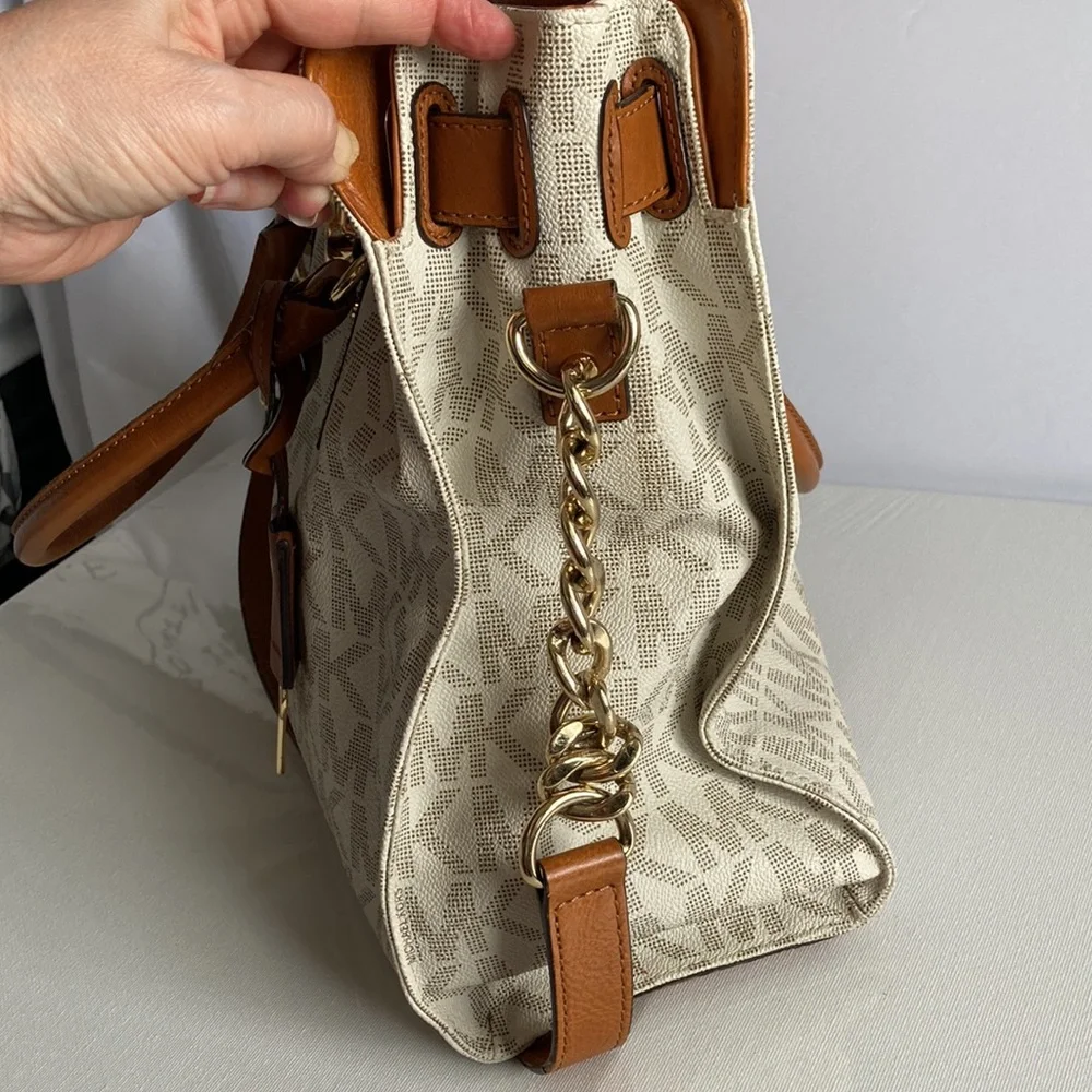 Michael Kors Beige Monogram Satchel with Tan Leather Trim